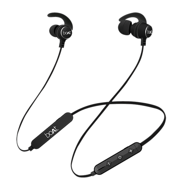 Black Rockerz 255 earphones with ear hooks and controls