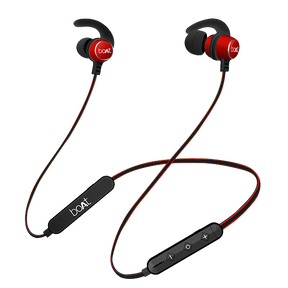Black and red earphones with ear hooks and controls