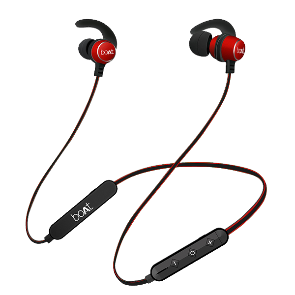 Black and red earphones with ear hooks and controls